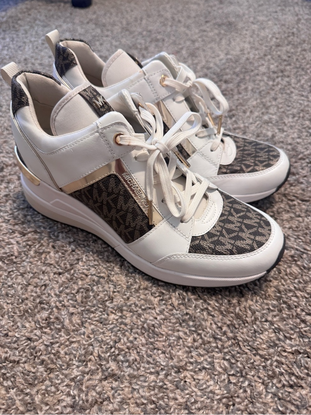 Michael Kors White and Brown MK Logo Wedge Sneakers with Gold Accents 9M